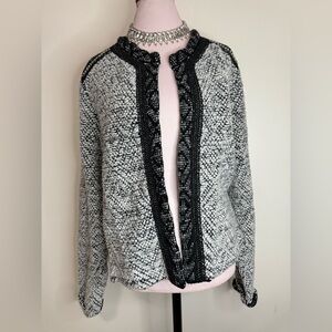 Chicos Black and White Knit tweed open jacket lace accents & beading size XL (3)